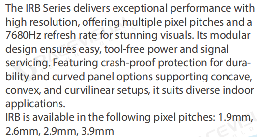 IRB Series Indoor LED Display – 7680Hz High Refresh, 1.9mm–3.9mm Pixel Pitch, Curved Panel Options, Crash-Proof & Tool-Free Modular Design 0